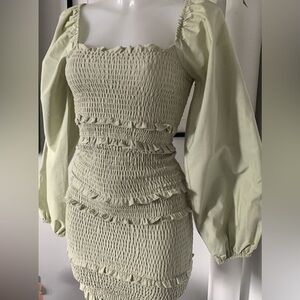 TOPSHOP size 8 long sleeve smocked sage green dress